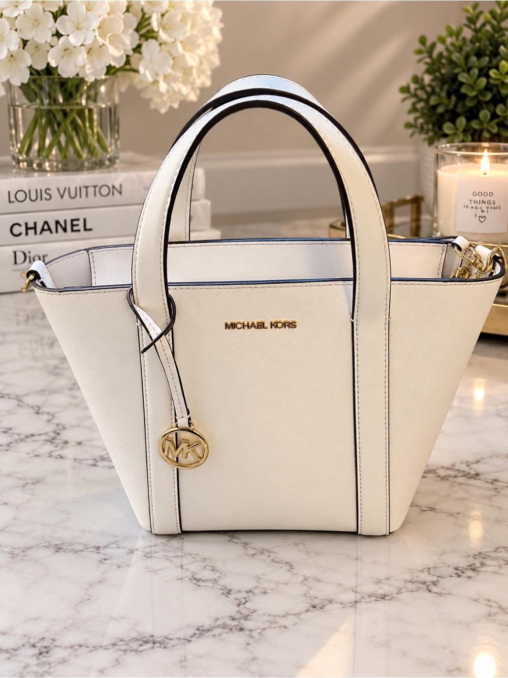 Michael Kors Ivory Saffiano Leather Tote with Gold MK Charm